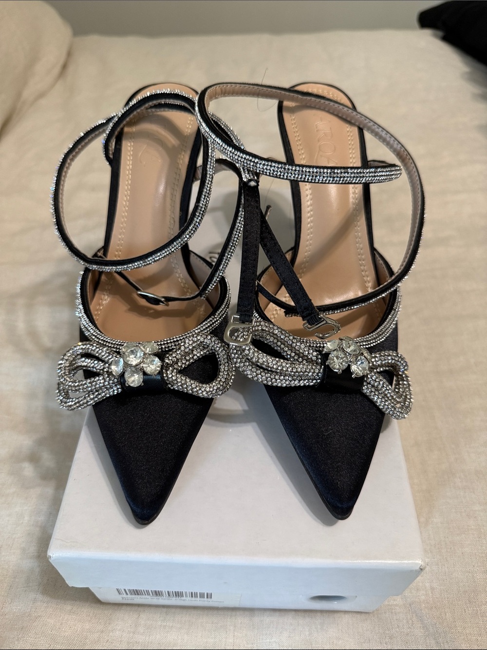 Black Satin Pointed Heels with Crystal Bow Accents